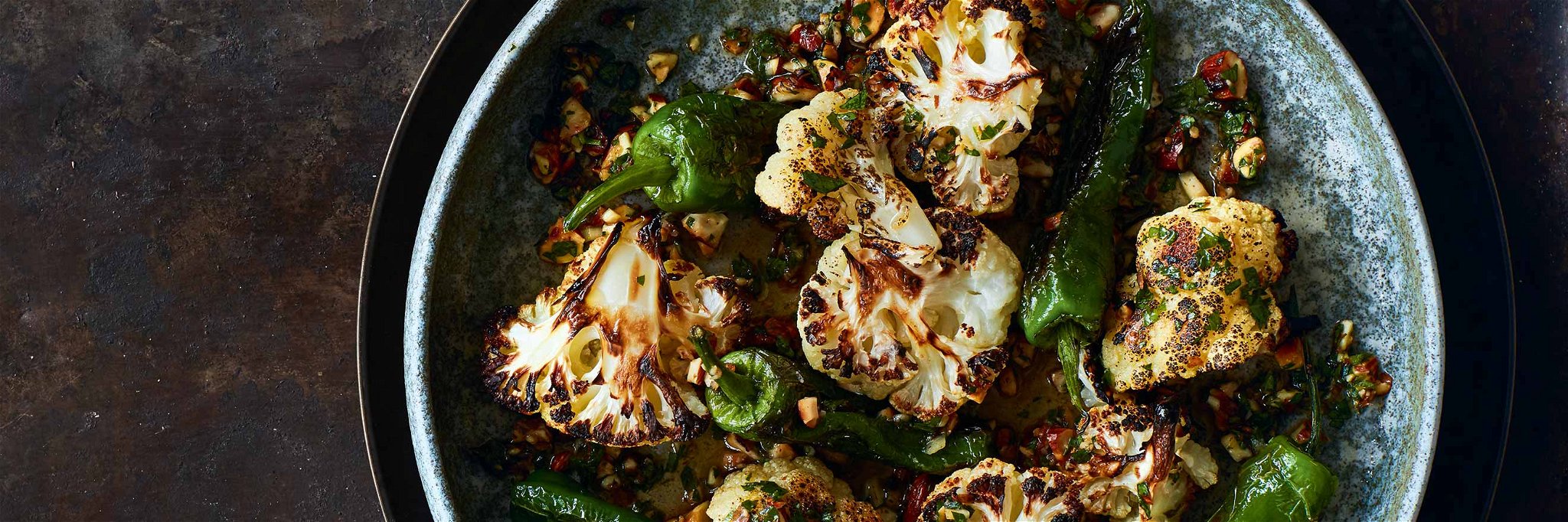 Grilled Cauliflower with Padron Peppers and Salsa Picada