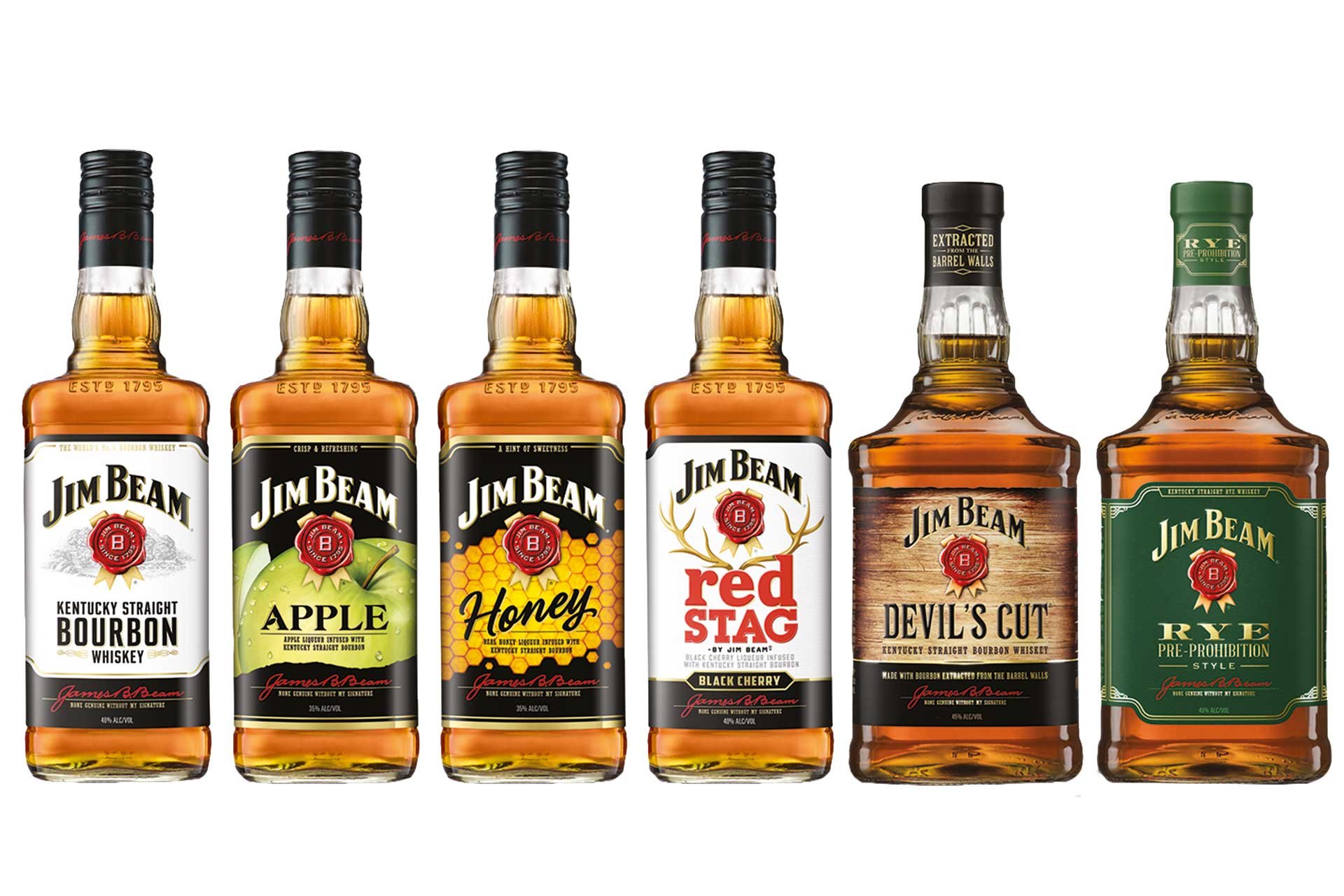 Ob der aus Fassholz extrahierte Devil’s Cut oder der zweifach gereifte Double Oak: Auf Bourbon- und Rye-Whiskey-Basis stellt Jim Beam eine ganze Palette von Whiskeys her.