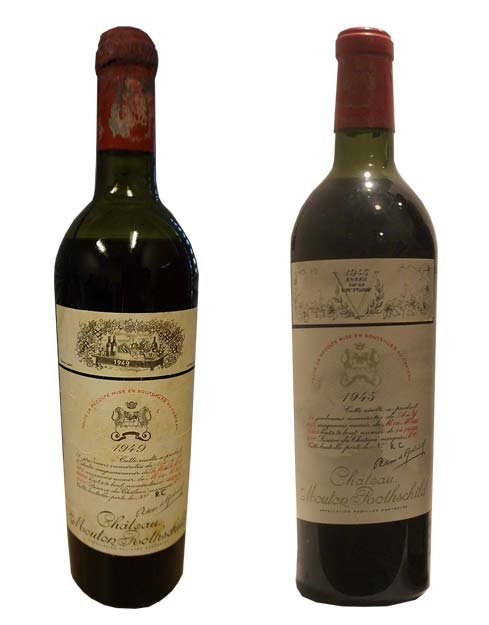Links: Mouton Rothschild Original von 1949 (kostet im Original durchschnittlich 4.558 Euro), rechts das Counterfeit mit dem Jahrgang 1945.