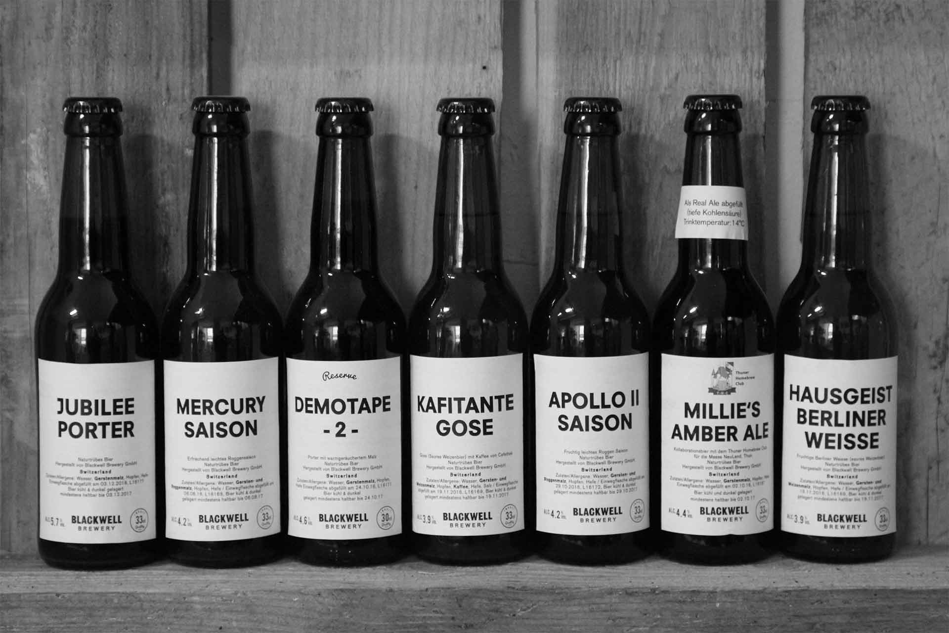 Zu dem Standardsortiment der «Blackwell Brewery» gehören das «Mercury Saison» und das «Jubilee Porter». Die restlichen abgebildeten Flaschen gehören zum saisonalen Angebot. 