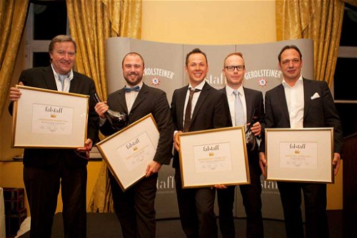 Die Gewinner der WeinTrophy 2014 (v.l.n.r.): »Lebenswerk«: Michael Graf, »Sommelier«: Peter H. Müller, »Newcomer«: Marc Josten und Torsten Klein, »Winzer«: Markus Molitor.