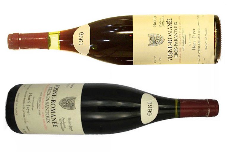 Kaum zu unterscheiden: Eine echte Flasche von Henri Jayers (oben) 99er Cros&nbsp;Parantoux kostet € 10.000. Darunter die Fälschung.