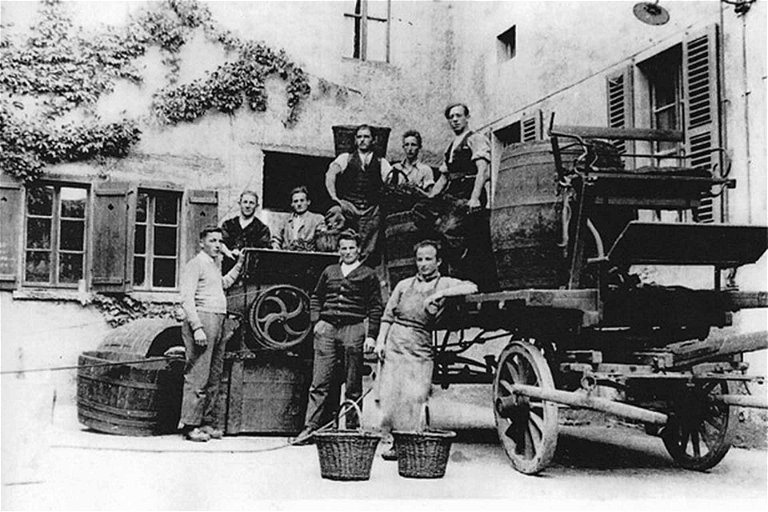 Angestellte der Tenuta Bally (undatiert, erste Hälfte des 20. Jahrhunderts). Die Tenuta Bally in Breganzona gehört zu den ältesten Weingütern des Tessins und feiert 2017 ihren hundertjährigen Geburtstag.