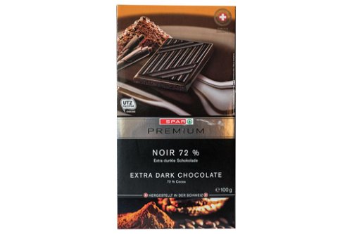 4. Platz (91*) Spar Premium NOIR Extra dunkle Schokolade, 72 % Kakao&nbsp;€ 1,59 für 100 g (Kilopreis: € 15,90) SparFein glänzend. Riecht dezent würzig und hat feine Kakaonoten in der Nase. Am Gaumen nussig, mild, ausgewogener Kakaoanteil, schmilzt angenehm, eher süß, bleibt gut liegen.