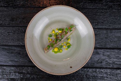 Aktuelles Signature Dish: Mackarel – Cucumber, Lemon, Coriander, Mustard.
