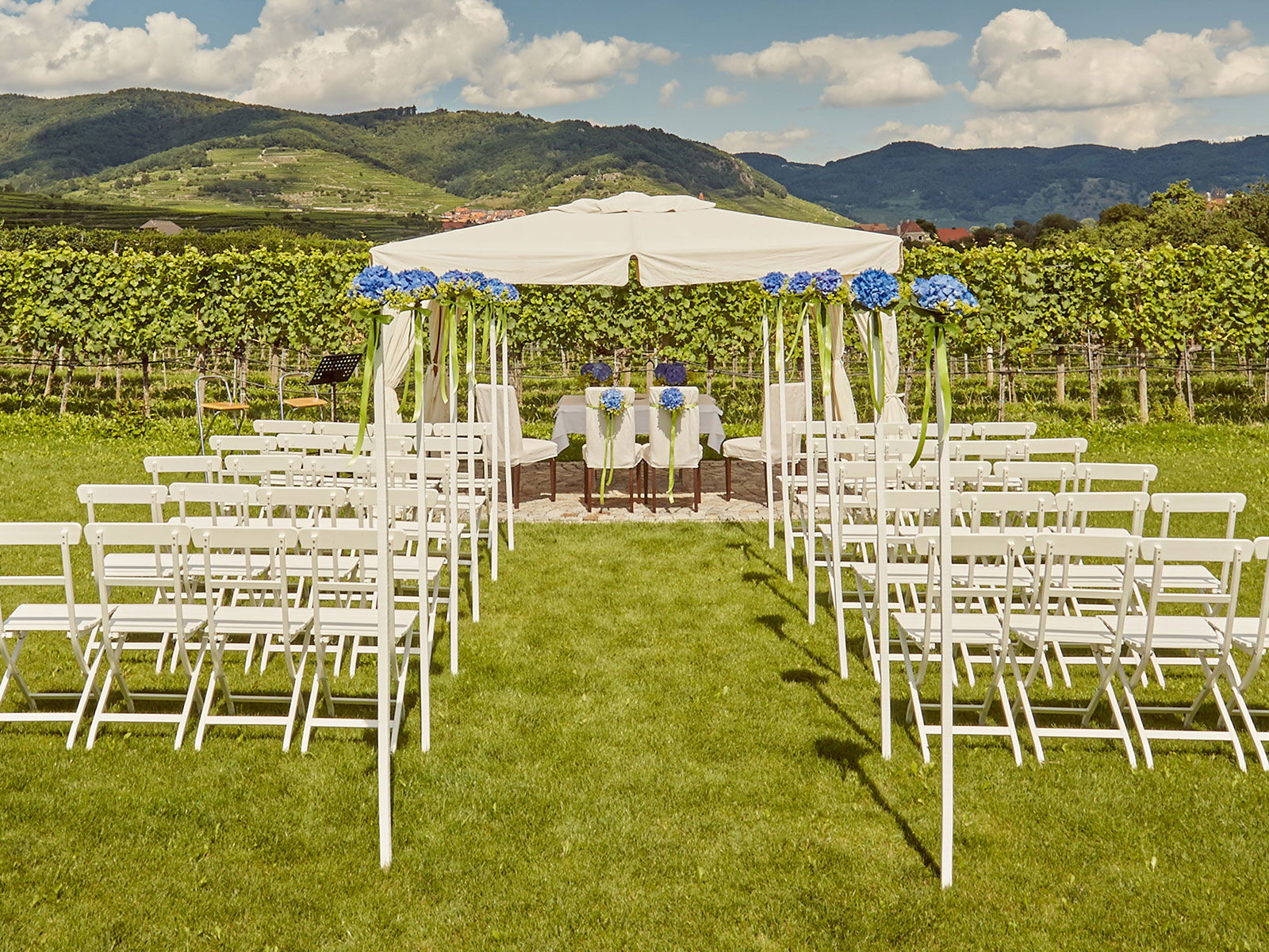 Eine Hochzeit inmitten der Weinreben am Weingut Holzapfel mit Blick über die Wachauer Weinberge.