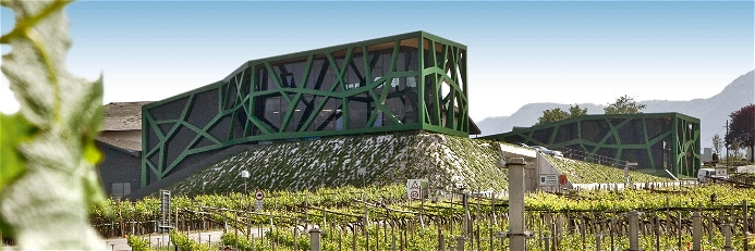 Das moderne Gebäude der Kellerei Tramin steht für Innovationsgeist. Die grünen Stahlträger erinnern an die Triebe der Reben.