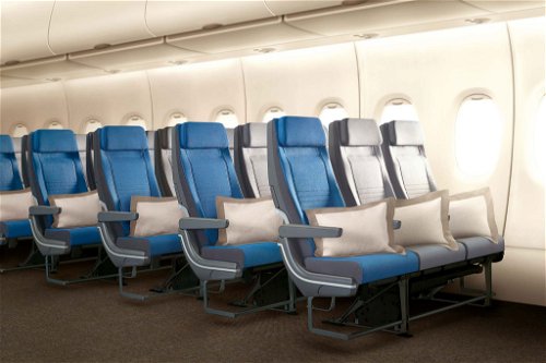 Die neue Economy Class von Singapore Airlines bietet einen Sitz mit ergonomischer Rückenlehne und 6-fach verstellbarer Kopfstütze.