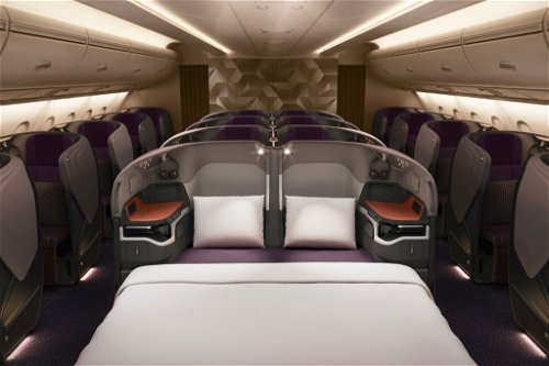 Die neue Business Class von Singapore Airlines mit der Option, nebeneinander liegende Sitze in ein Doppelbett zu verwandeln.