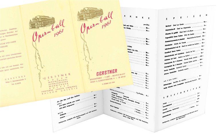 Ihre Bestellung, bitte! Menü-Karten vom Buffet sind heute fast obsolet – inzwischen können Snacks auch per App bestellt werden. Rechts: eine alte Menü-Karte vom Opernball anno 1961. Damals gab's ein Mayonnaise-Ei um 12 Schilling, Preblauer um zehn.