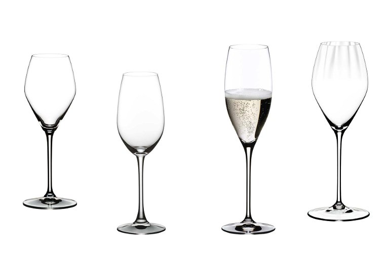 Von Links: Extrem Rosé, Restaurant Champagner Weinglas, Vinum Cuvée Prestige – Flöte.
