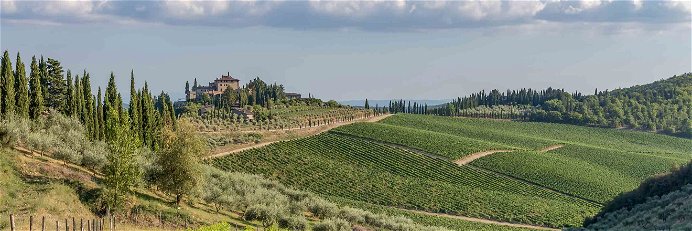 Die wunderschöne toskanische Landschaft in der berühmten Chianti Classico-Weingegend zwischen Siena und Florenz, Italien.