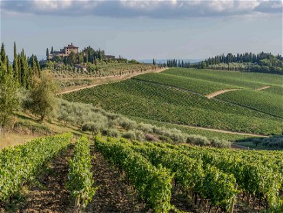 Die wunderschöne toskanische Landschaft in der berühmten Chianti Classico-Weingegend zwischen Siena und Florenz, Italien.