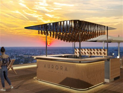 Die zukünftige Rooftop-Bar mit atemberaubendem Bilck über die Stadt.