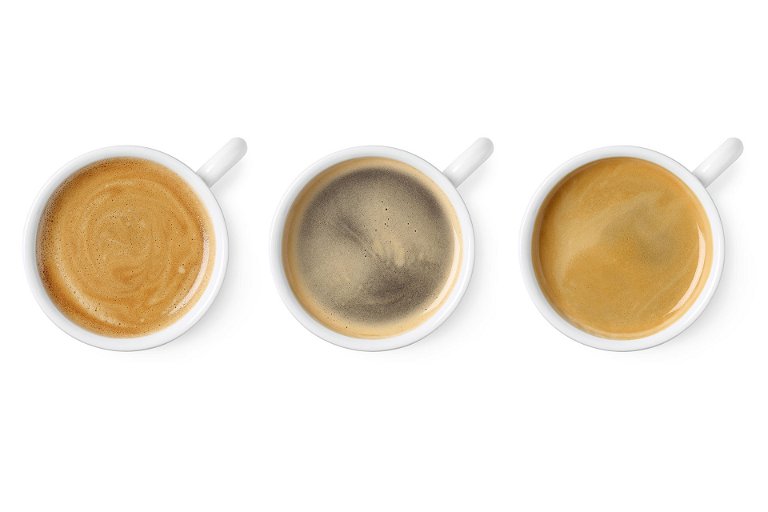 v.l.n.r.: der perfekte Espresso, unterextrahierter Espresso, überextrahierter Espresso