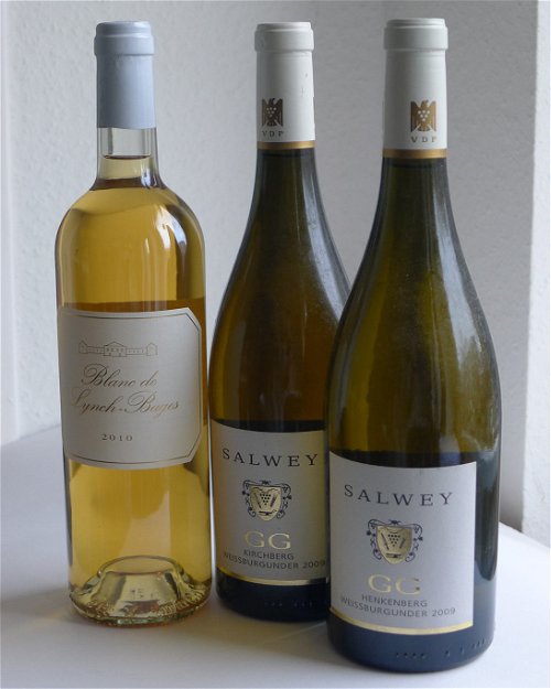 2010 Blanc de Lynch Bages Bordeaux blanc; 2009 Kirchberg Weisser Burgunder GG, Salwey und 2009 Henkenberg Weisser Burgunder GG, Salwey