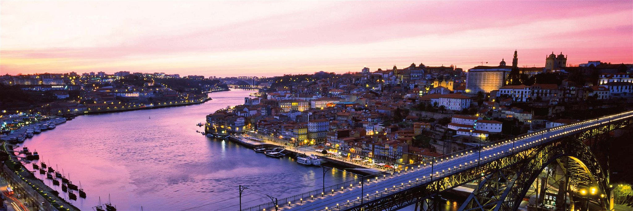 Porto at dusk: where the Douro river joins the Atlantic.