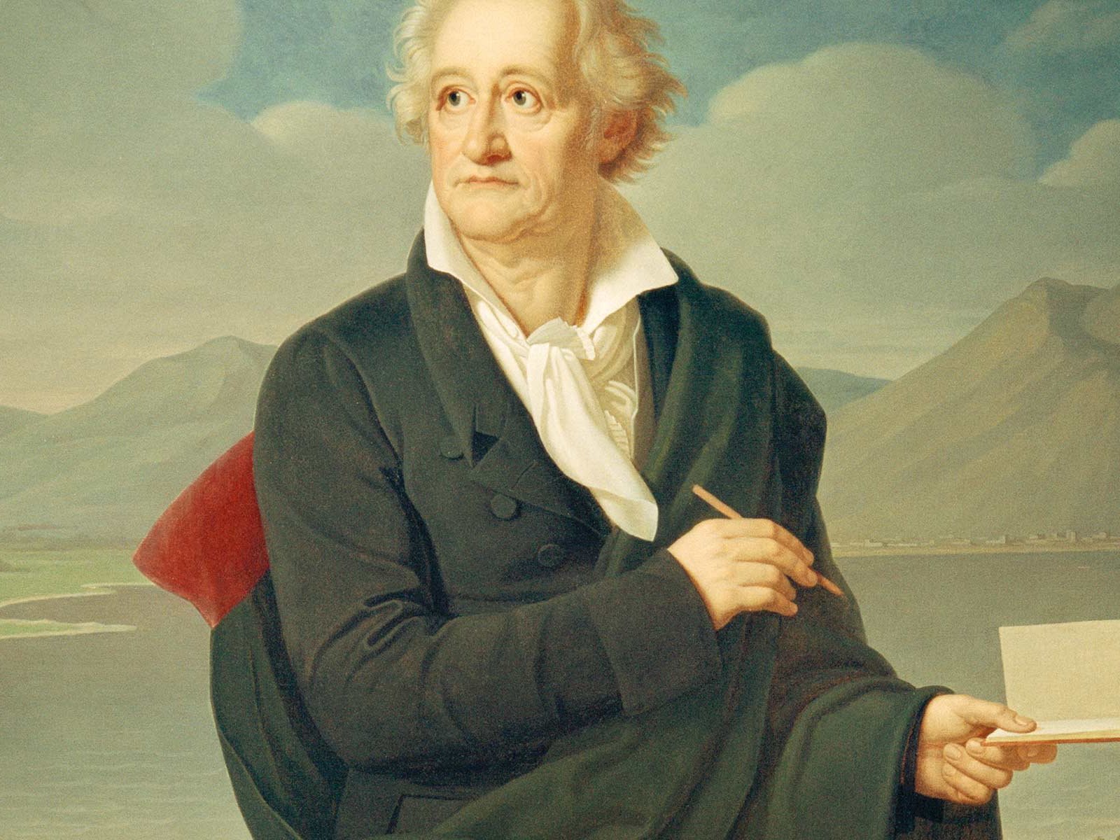 Johann Wolfgang von Goethe, sichtlich ergraut, vor dem Vesuv.