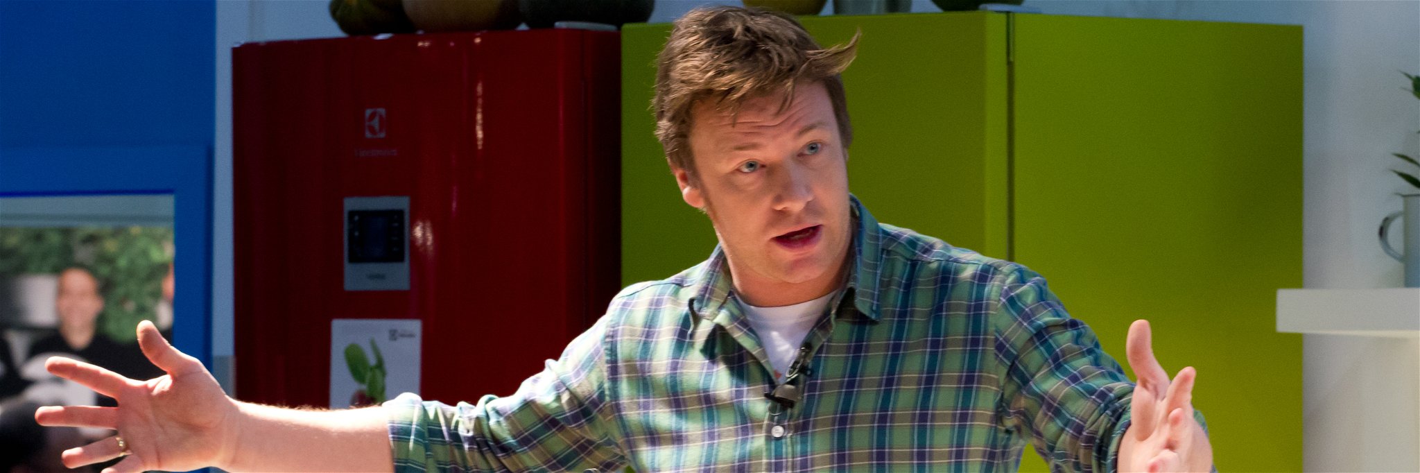 Celebrity Chef Jamie Oliver Conducting a Cooking Demonstration.