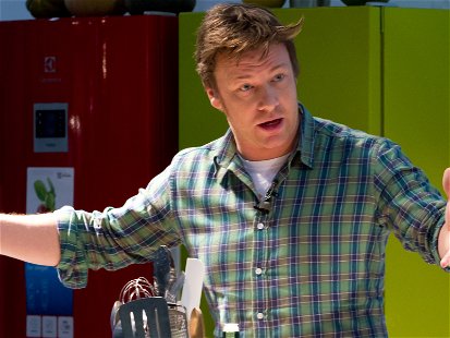 Celebrity Chef Jamie Oliver Conducting a Cooking Demonstration.