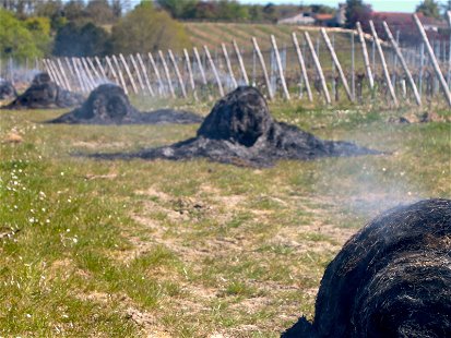Burning hay in an effort to save vines from frost and cold in the&nbsp;Dorodogne, France.