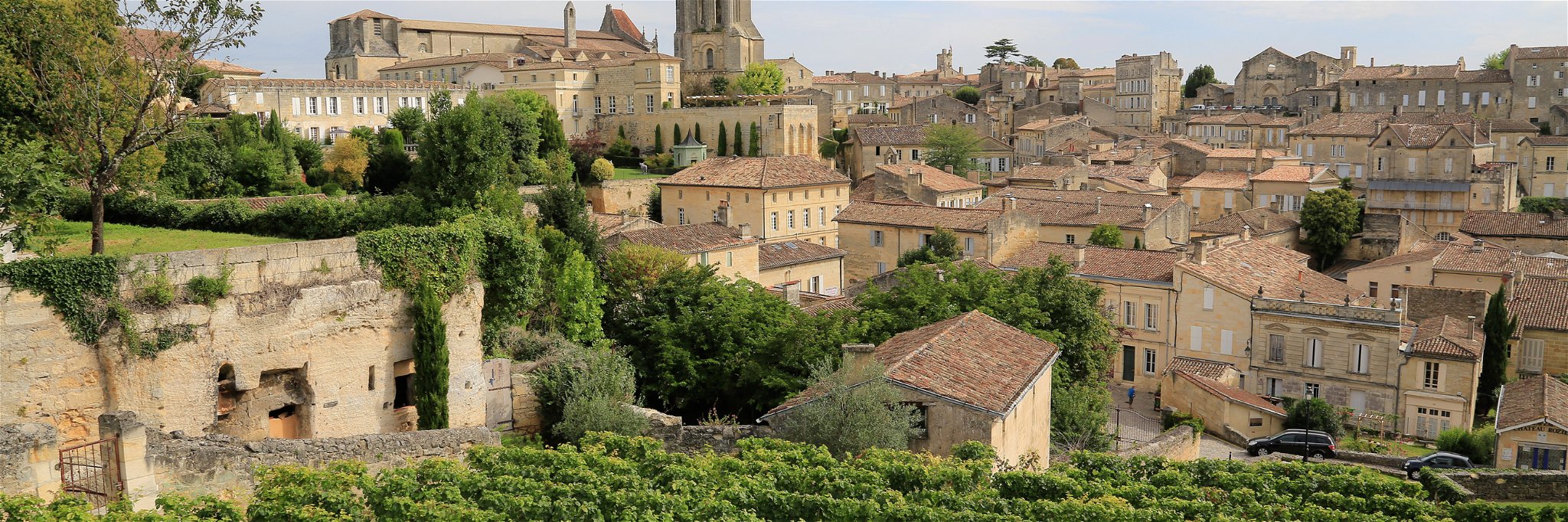 View to the village of Saint-Émilion amidst the vines.&nbsp;