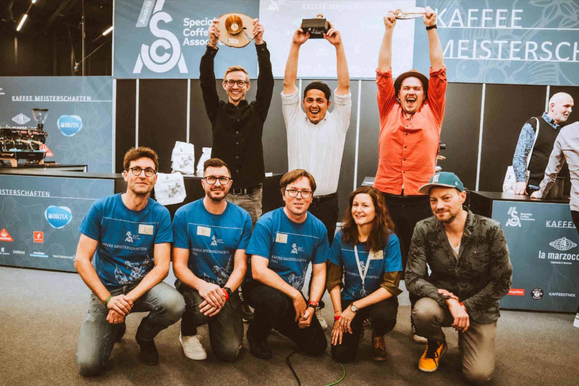 Die Gewinner der »Austrian Coffee Championships«: Martin Wölf, Junior Vargas und Bojan Pasic.