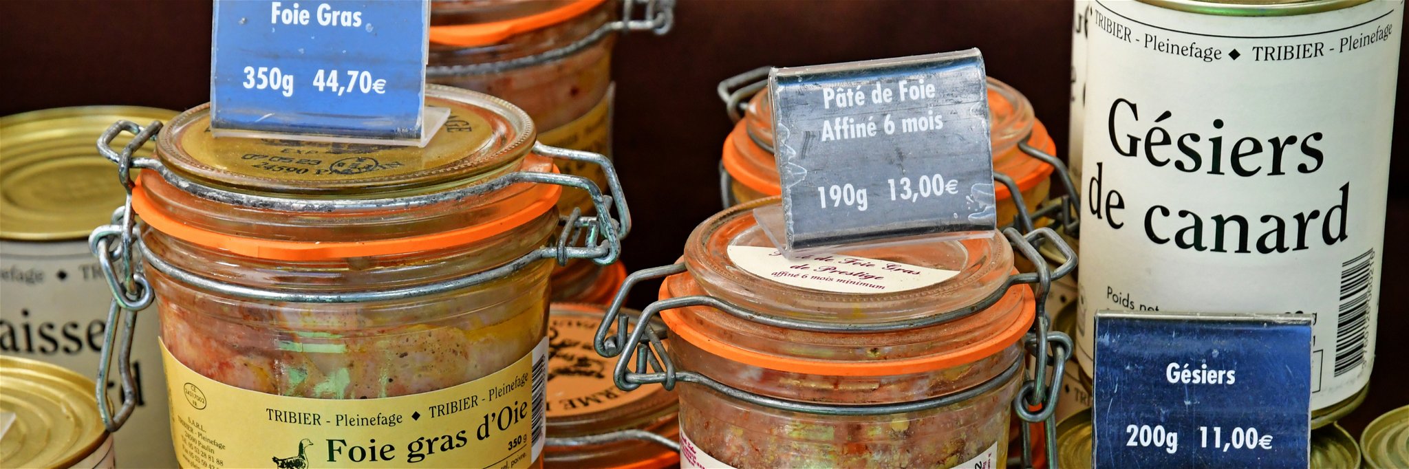 Foie gras for sale at a market in France.