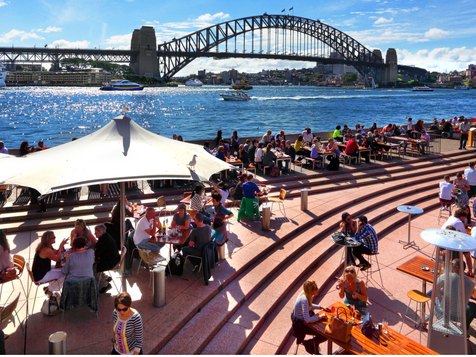 Diners relaxing next to Sydney harbour.