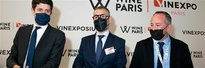 Julien Denormandie, Rodolphe Lameyse und Fabrice Rieu bei der Vinexpo-Eröffnung in Paris