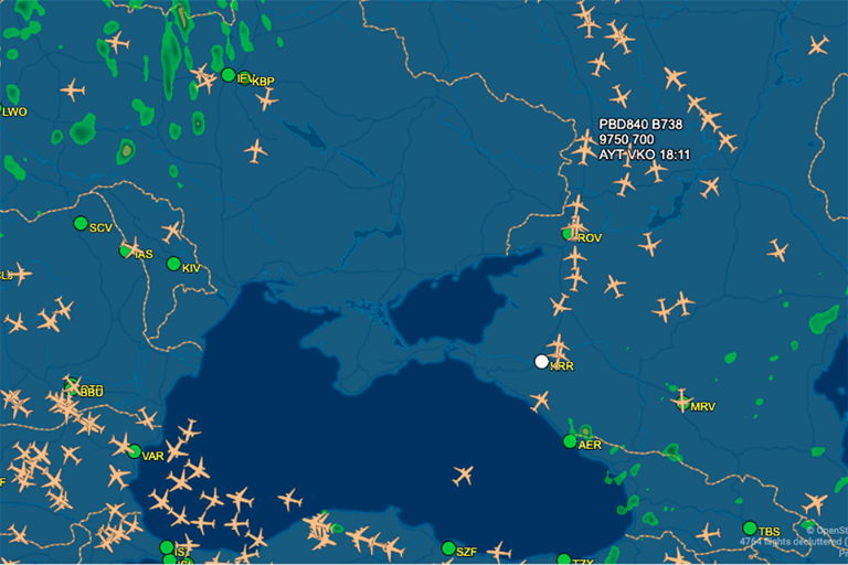 Screenshot von Flightaware: Airlines machen einen Bogen um das Grenzgebiet Ukraine - Russland.