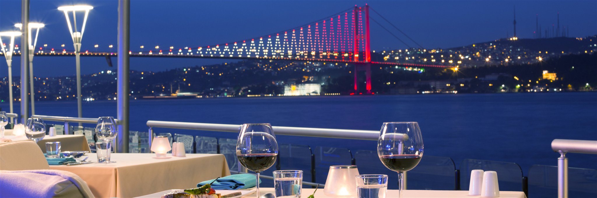 A restaurant table overlooking the&nbsp;Bosphorus in Istanbul.