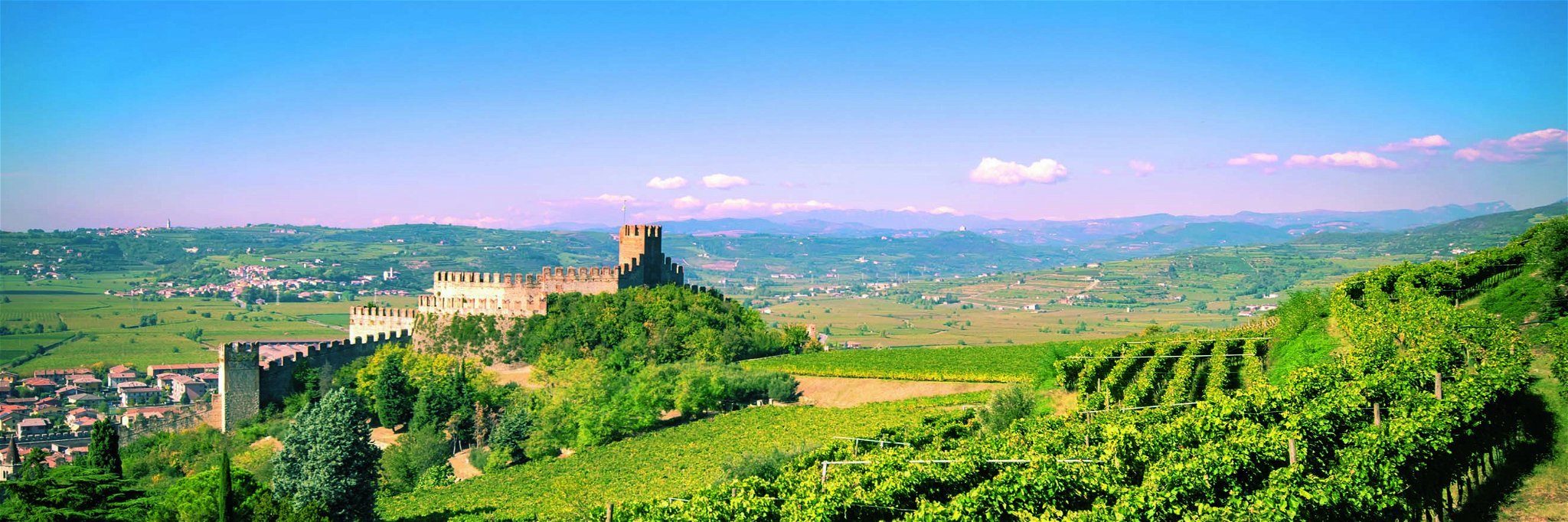 Die majestätische Burganlage von Soave dominiert Ortschaft&nbsp;und Weinberge.