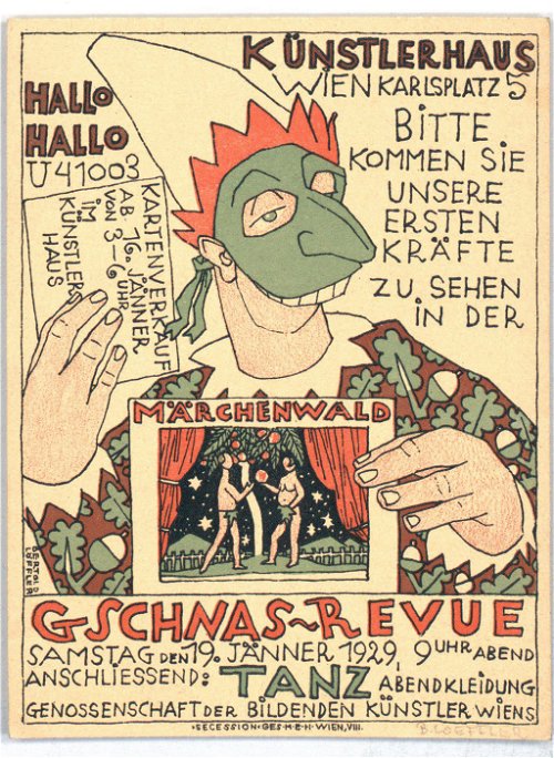 Einladung zur Gschnas-Revue am 19. Jänner 1929 im Wiener Künstlerhaus,&nbsp;Entwurf: Bertold Löffler,&nbsp;Lithografie,&nbsp;MAK, KI-14393-58.