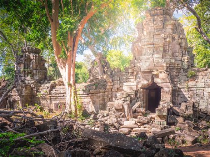 South wall and gate of old stone temple Banteay Chhmar, Cambodia.