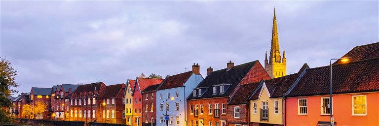 View of colorful historical houses in the center of Norwich, England, UK.
