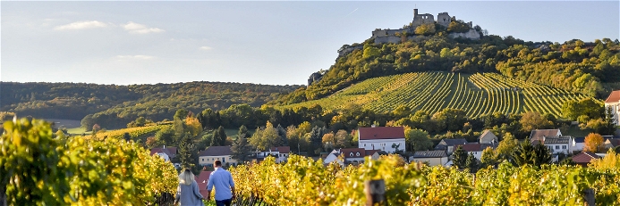 Idyllisch: Ein Spaziergang durch die herbstlich gefärbten Weingärten im Veltlinerland mit Blick auf Falkenstein
