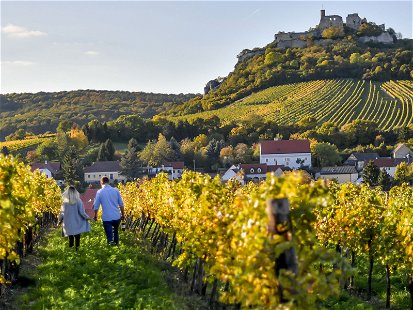 Idyllisch: Ein Spaziergang durch die herbstlich gefärbten Weingärten im Veltlinerland mit Blick auf Falkenstein