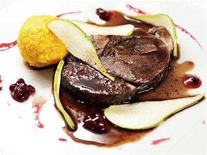 Haunch of Venison with Pumpkin Dumplings and Pears