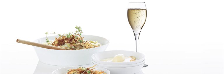 Champagne pairs beautifully&nbsp;with the buttery, slightly cheesy flavours.