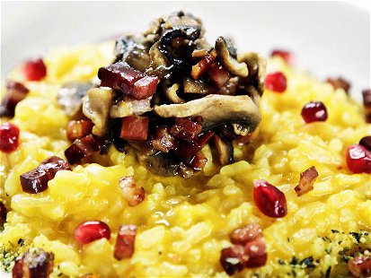 Pumpkin Risotto with Speck and Mushrooms