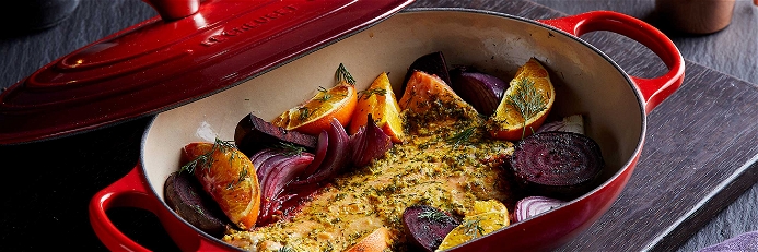 Salmon Fillet with Orange, Beetroot and Red Onion
