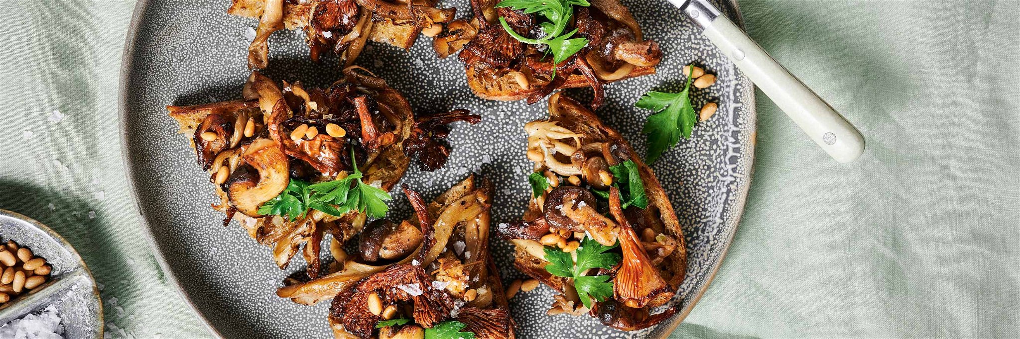 Fried Wild Mushrooms and Pine Nuts on Grilled Sourdough