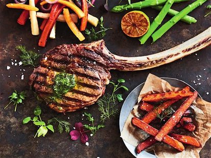 Tomahawk Steak with Grilled Vegetables and Sweet Potato