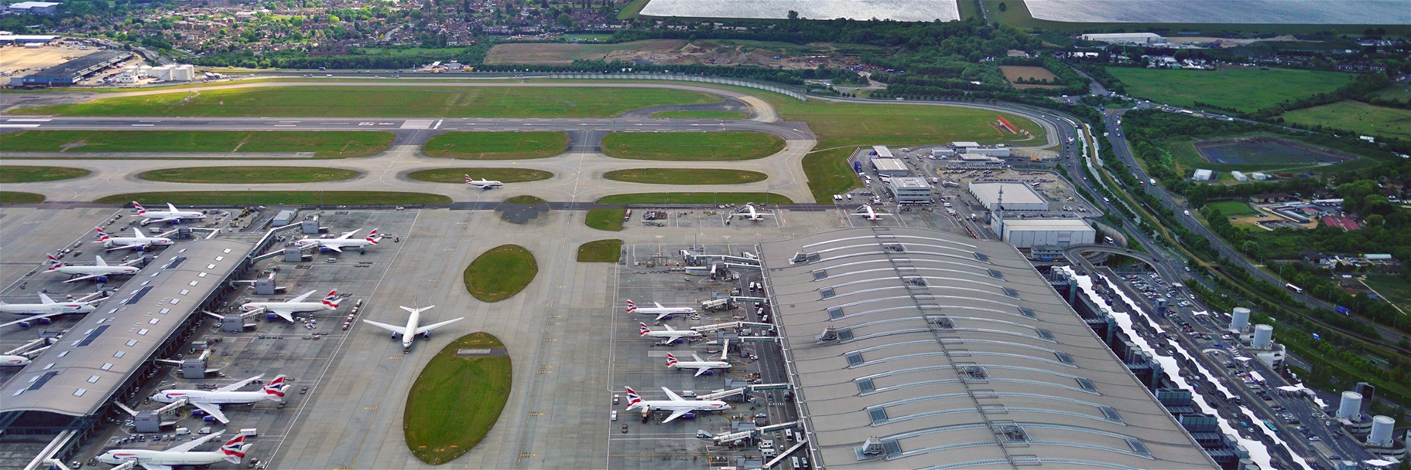 View of airplanes from British Airways (BA) at the Terminal 5 at London Heathrow Airport.