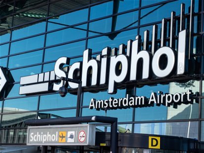 AMSTERDAM, NETHERLANDS - MAY 02, 2018:  Sign above Schipol Airport terminal building