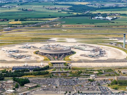 Paris, France - June 6, 2022: Aerial view of Charles de Gaulle airport Terminal 1 in Paris, France.