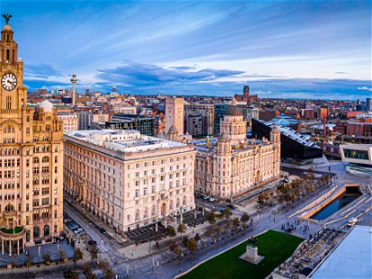 Aerial view of the city of Liverpool in United Kingdom, the site of the Eurovision Song Contest 2023