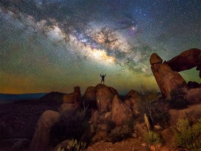 Milky way at Balanced Rock, Big Bend National park, Texas USA. Constellation and galaxy