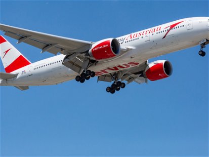 Chicago, USA - July 11, 2019: Austrian Airlines Boeing 777 Landing at the O'Hare International Airport.
